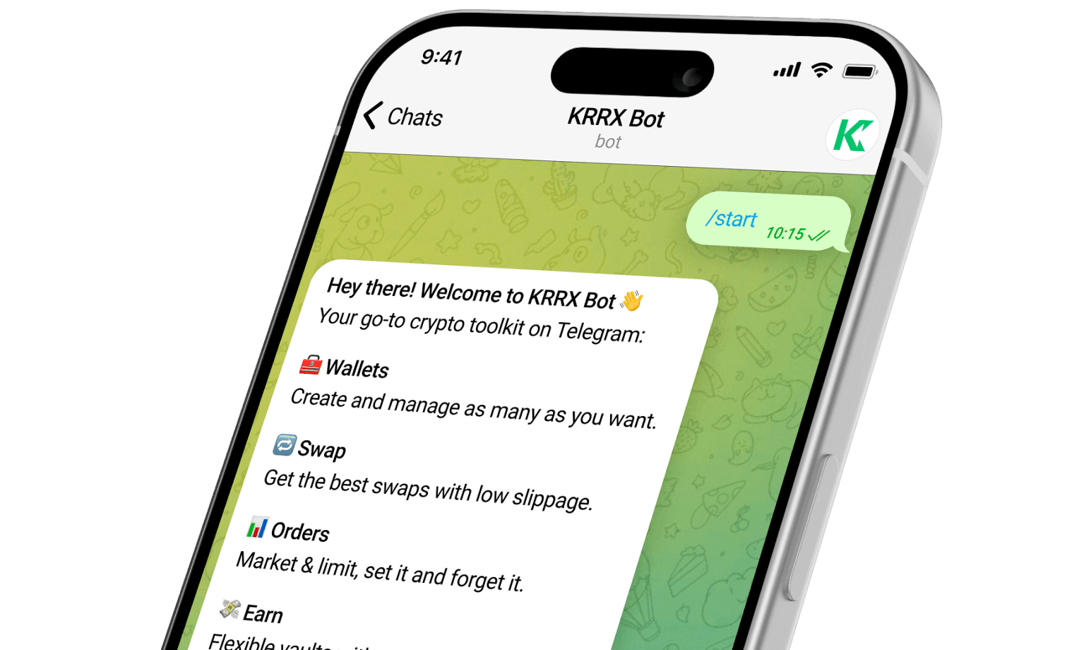 KRRX Bot start screen inside Telegram app
